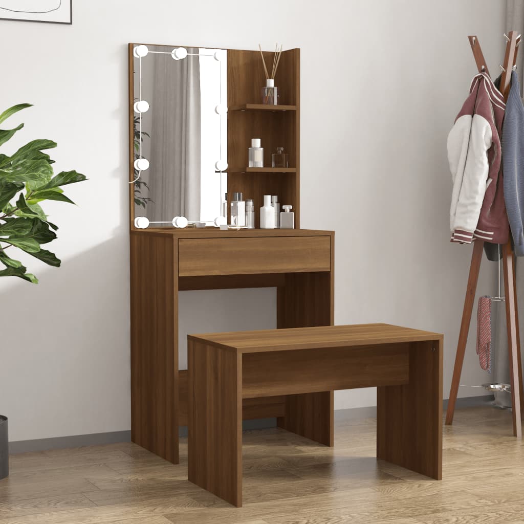 Dressing Table Set With Led Engineered Wood